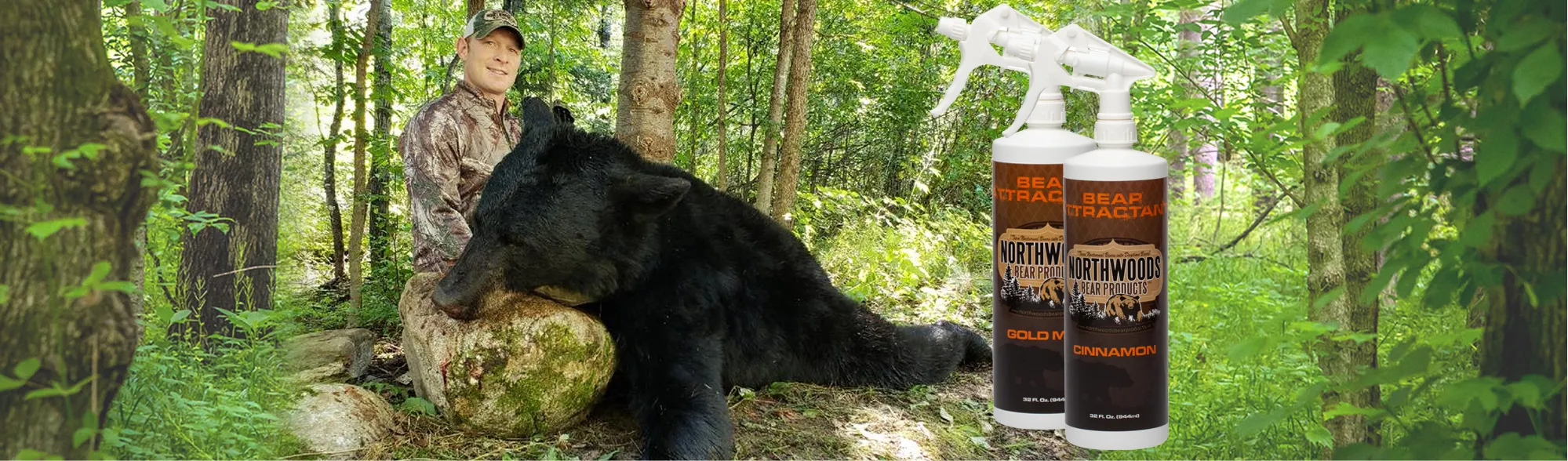 A hunter in camouflage kneeling beside a harvested black bear in summer woods, with two bottles of Northwoods spray scent